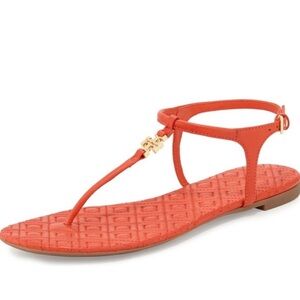 TORY BURCH Marion Quilted Leather T Strap Sandal in Poppy Red Orange Size 9